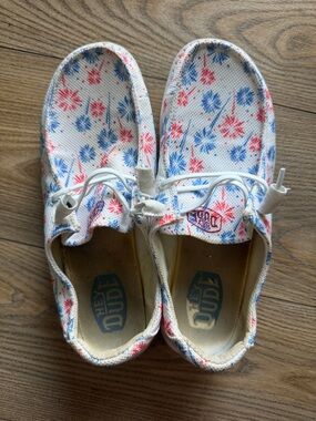 Hey Dude White Canvas Moccasins with Red & Blue Floral Print